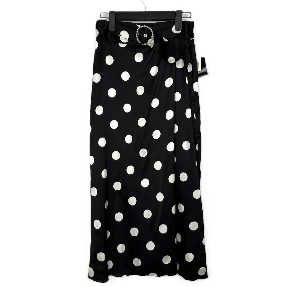NWT Art Dealer Eva High Rise Polka Dot Satin‎ Belted Midi Skirt Black Small